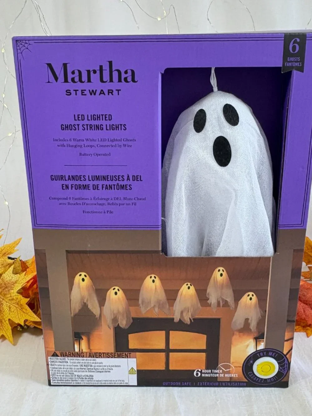 Martha Stewart  Halloween Lighted Ghost Garland 6 HR Timer Battery Operated 14